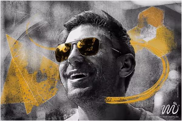 Ritratto di un uomo dal look disegnato e con elementi di scarabocchio, modificato in Photoshop, immagine per il video corso di editing del ritratto.