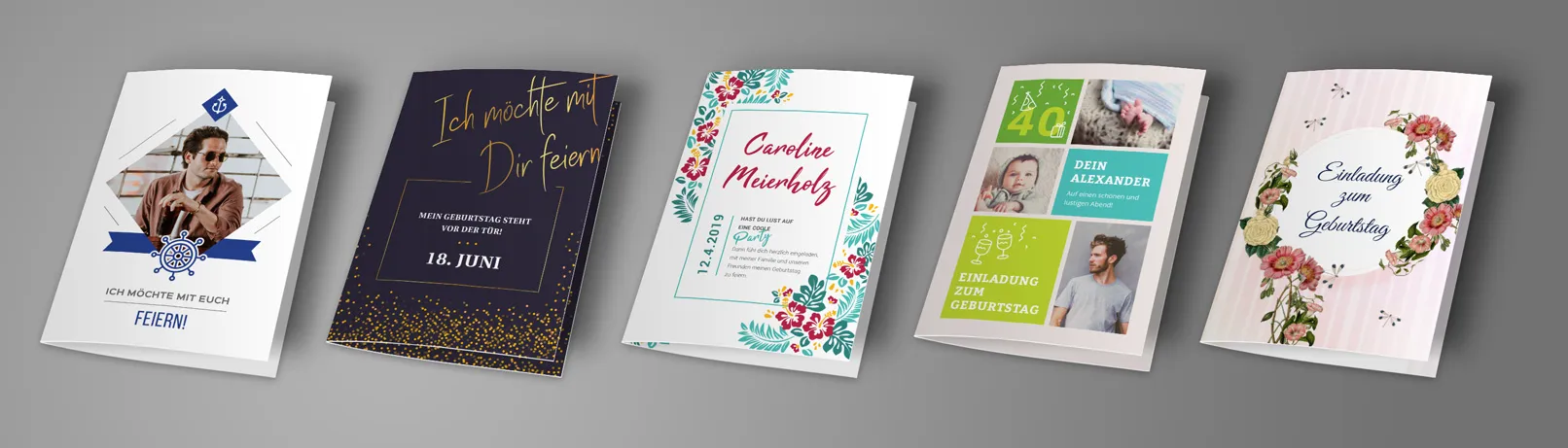 Cinco plantillas para una invitación de cumpleaños en formato vertical A5