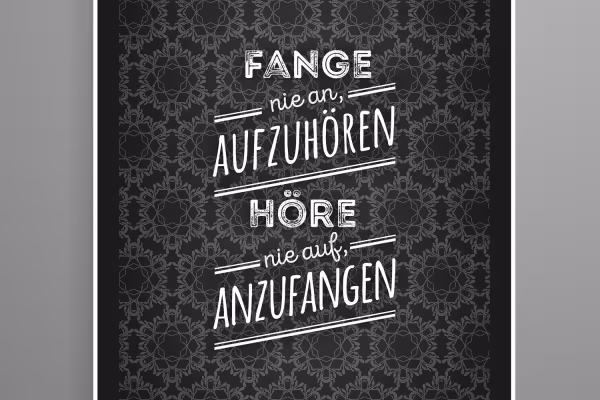 Svart-vit bakgrund med ornament, med en text.