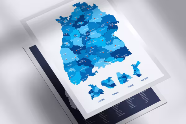 Baden-Württemberg haritası, şehirler ve tüm şehir ve ilçelerle birlikte.