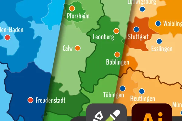 Carte de la région de Bade-Wurtemberg à modifier dans Illustrator