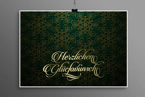 Background in green, ornaments in gold, provided with a text