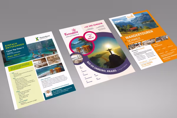 Flyer templates in A4 format for designing a display for window advertising in travel agencies