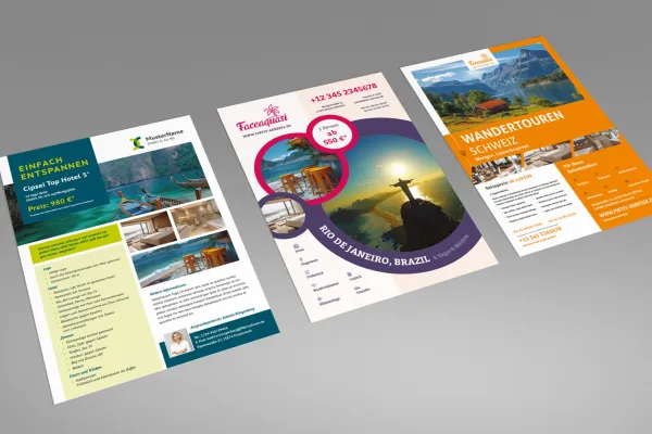 Flyer-mallit A4-formaatissa mainostaulun suunnitteluun matkatoimistoissa.