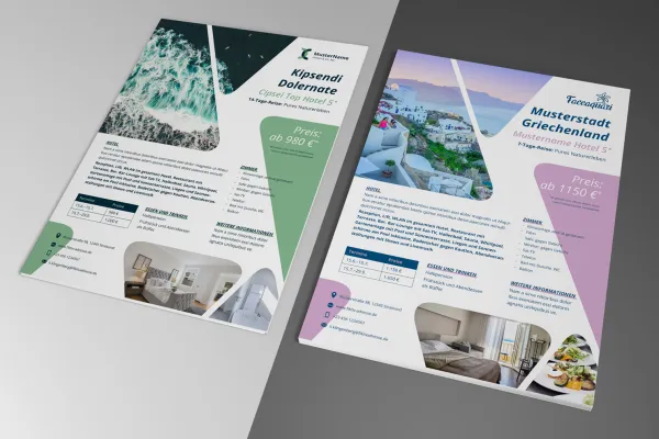 Flyer-Vorlagen im A4-Format zur Gestaltung eines Aushangs zur Schaufensterwerbung in Reisebüros