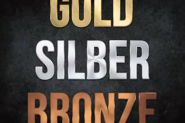 Metalen texturen in goud, zilver en brons, toegepast voor teksteffecten.