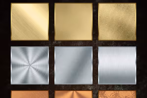 Metalen texturen in goud, zilver en brons.