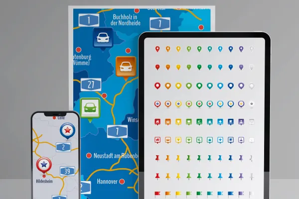 Ikony do przedstawiania lokalizacji na mapach.