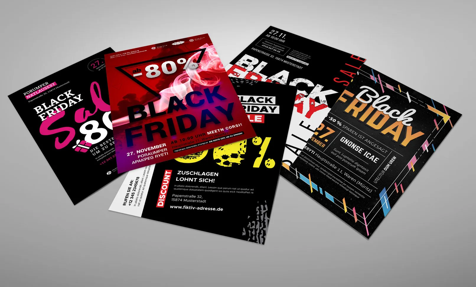 Fünf Vorlagen im Black Friday-Design: Plakate und Flyer zur Werbung