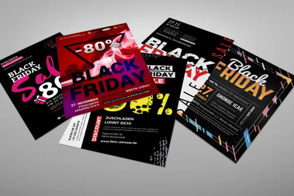Fünf Vorlagen im Black Friday-Design: Plakate und Flyer zur Werbung
