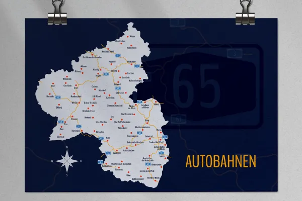 Rheinland-Pfalzi kaart koos maakondadega koos maanteedega.