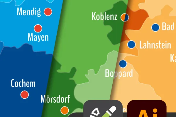 Landkarte Rheinland-Pfalz mit Landkreisen mit Farbänderungen in Adobe Illustrator
