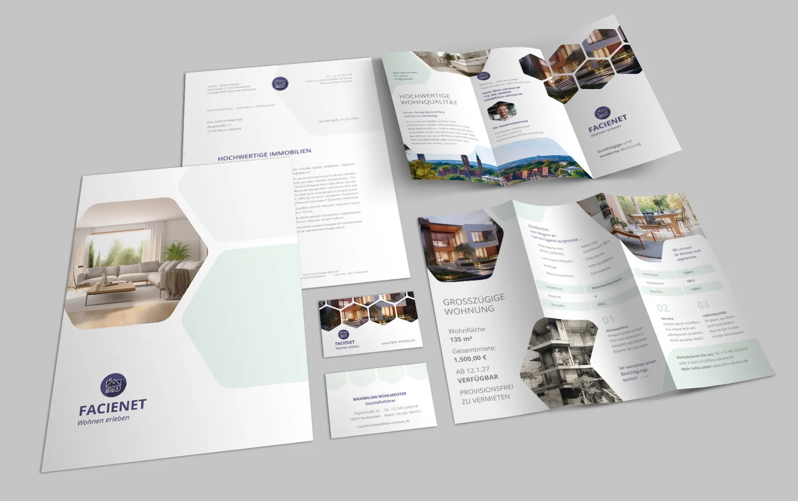 Corporate design templates for real estate companies and architecture firms: Letterhead, flyer, business card