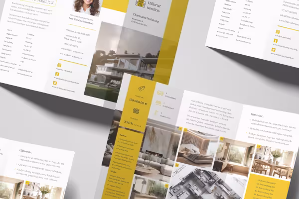 Elegante folleto envolvente para propiedades, casas y pisos