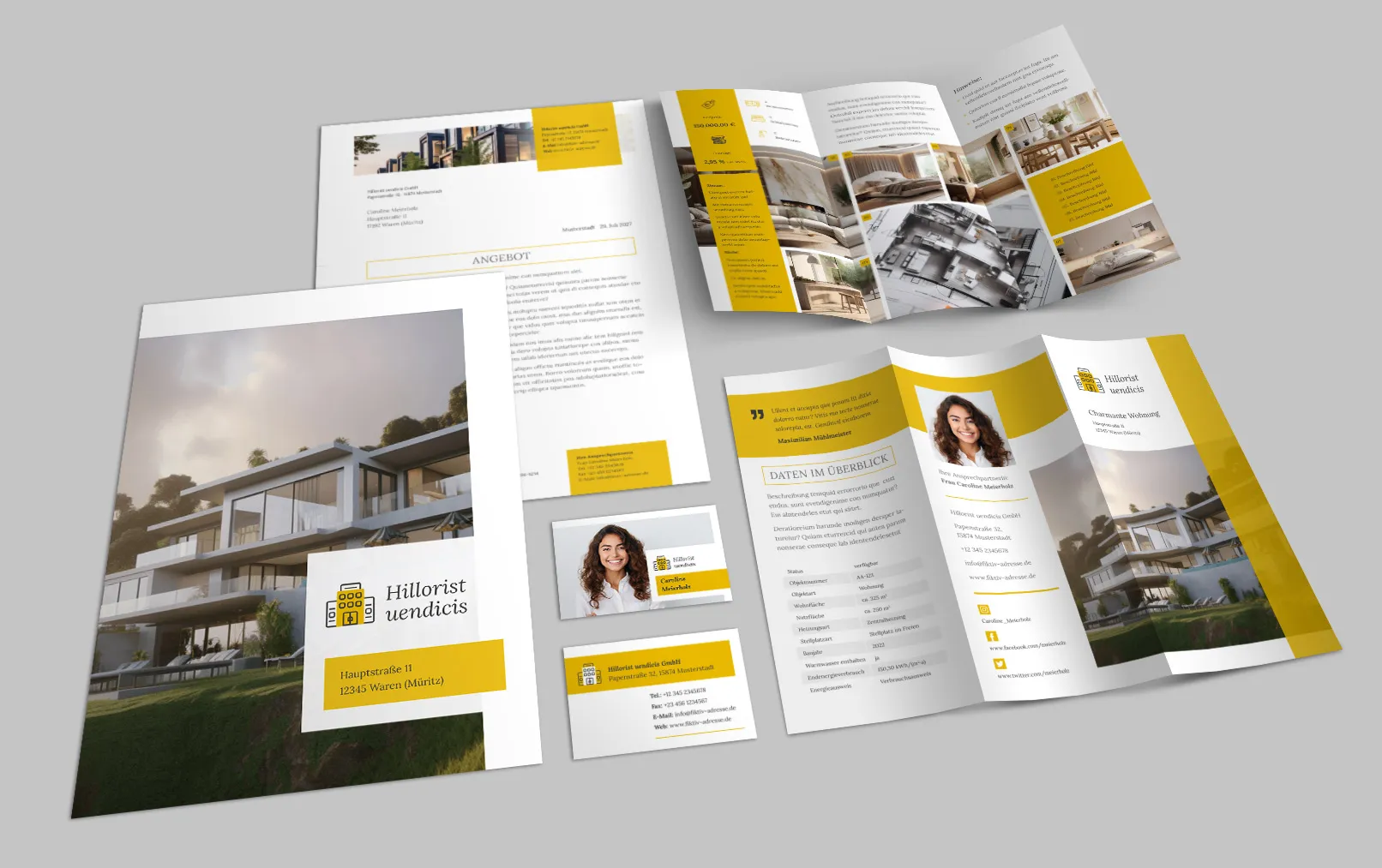Modelos de Design Corporativo para Marketing Imobiliário: Papel timbrado, Folheto, Cartão de Visita.