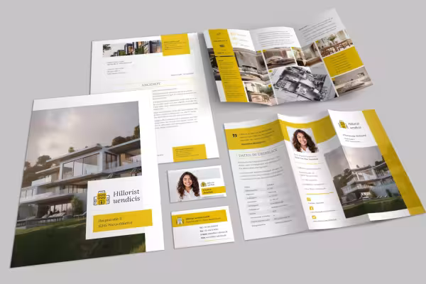 Plantillas de diseño corporativo para marketing inmobiliario: papelería, folletos, tarjetas de visita