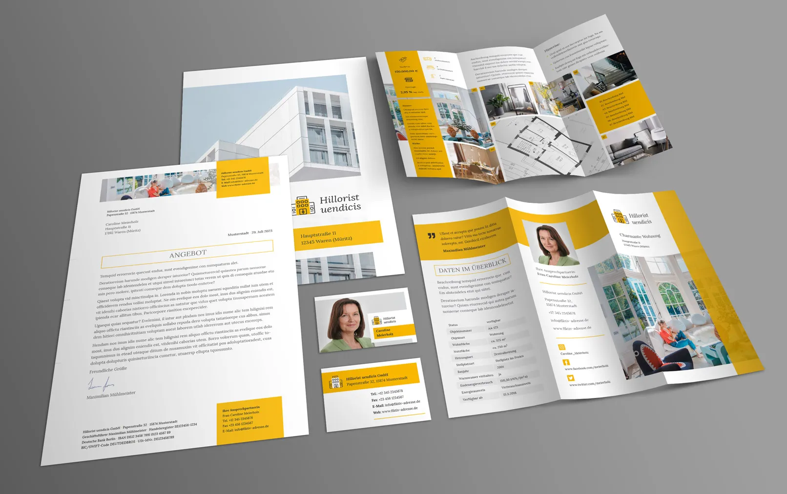 Corporate design templates for real estate marketing: stationery, flyers, business cards