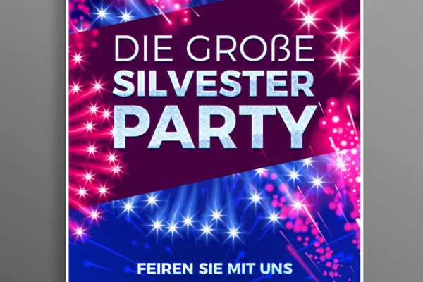 Plakat für eine Silvesterfeier mit eingearbeiteten Feuerwerks-Illustrationen