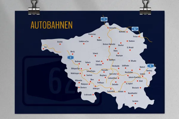 Landkarte Saarland mit Landkreisen mit Autobahnen