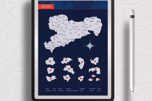 Map of Saxony with districts on a tablet