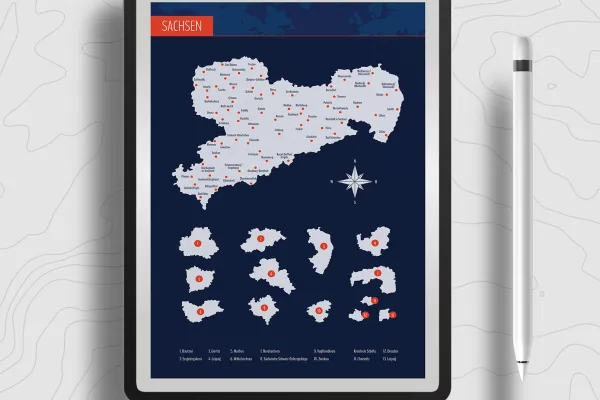 Landkarte Sachsen mit Landkreisen auf einem Tablet