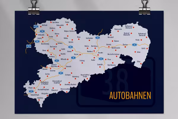 Map of Saxony with counties and highways
