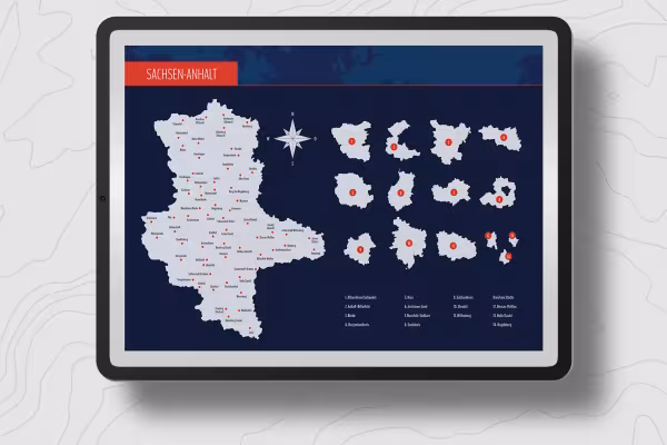 Map of Saxony-Anhalt with districts on a tablet