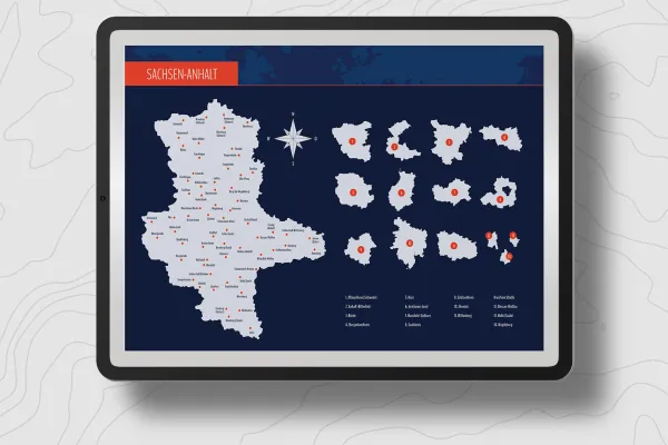 Landkarte Sachsen-Anhalt mit Landkreisen auf einem Tablet