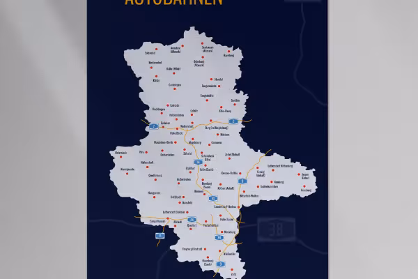 Map of Saxony-Anhalt with counties and highways