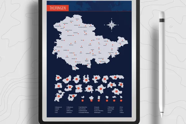Landkarte Thüringen mit Landkreisen auf einem Tablet