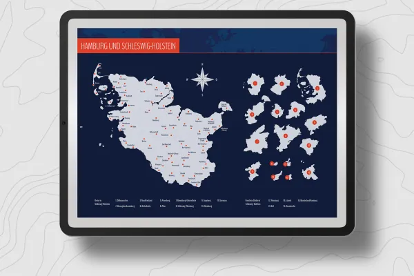 Landkarte Schleswig-Holstein und Hamburg mit Landkreisen auf einem Tablet