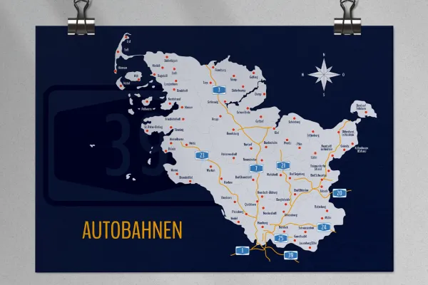 Kaart Schleswig-Holsteini ja Hamburgi liigeste ja maakondadega koos maanteedega.