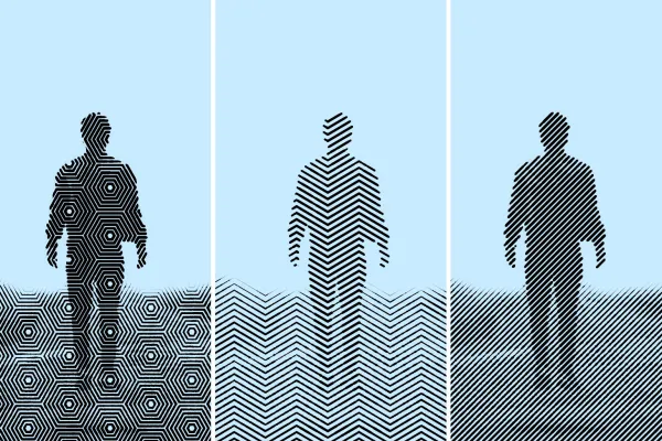 Billede i gravur-look med heksagoner, zigzaglinjer og lige linjer