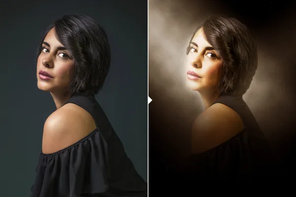 Portræt af en kvinde i mystisk lys, oprettet med en Photoshop handling