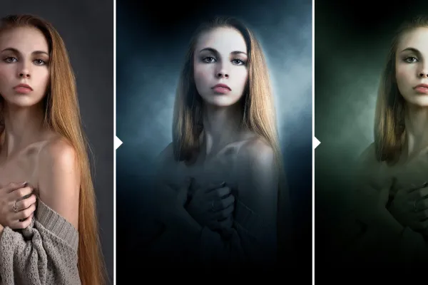 Portræt af en kvinde i mystisk lys, oprettet med en Photoshop handling