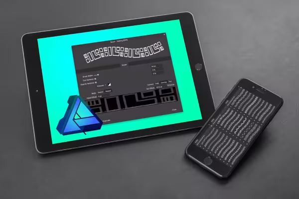 Tablet og smartphone med forhåndsvisning af Affinity Designer-pensler.
