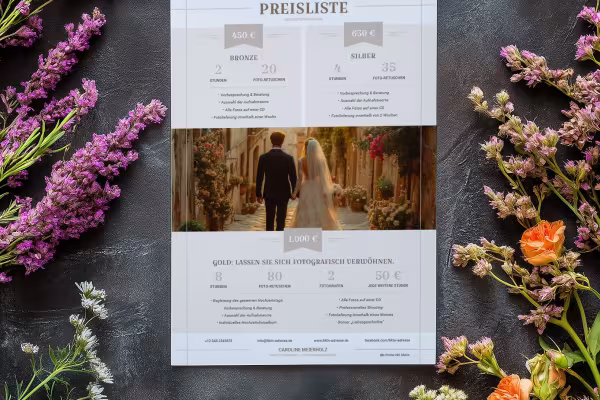 Preislisten-Vorlage für Fotografen (Hochzeitsfotografie) zur Bearbeitung in Photoshop, InDesign und Word