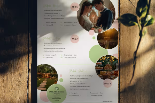 Preislisten-Vorlage für Fotografen (Hochzeitsfotografie) zur Bearbeitung in Photoshop, InDesign und Word