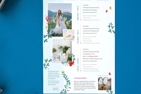 Preislisten-Vorlage für Fotografen (Hochzeitsfotografie) zur Bearbeitung in Photoshop, InDesign und Word