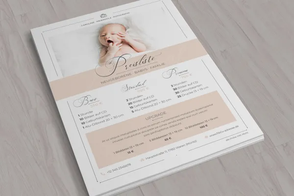 Preislisten-Vorlage für Fotografen (Babyfotografie) zur Bearbeitung in Photoshop, InDesign und Word