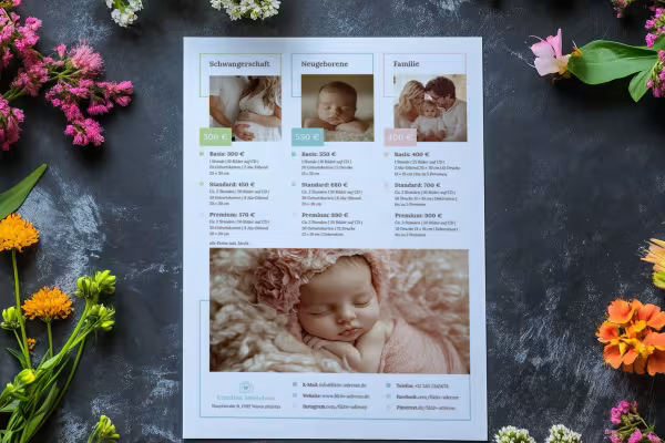 Preislisten-Vorlage für Fotografen (Babyfotografie) zur Bearbeitung in Photoshop, InDesign und Word