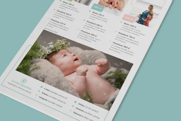Preislisten-Vorlage für Fotografen (Babyfotografie) zur Bearbeitung in Photoshop, InDesign und Word