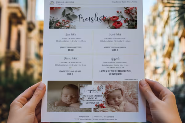 Preislisten-Vorlage für Fotografen (Babyfotografie) zur Bearbeitung in Photoshop, InDesign und Word