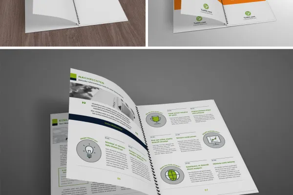 Progetto per opuscoli con copertina rigida e spirale in formato verticale.