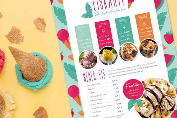 Malli jäätelökorttien luomiseen Word-, InDesign-, Photoshop-, Affinity Publisher- ja Affinity Photo -ohjelmilla.