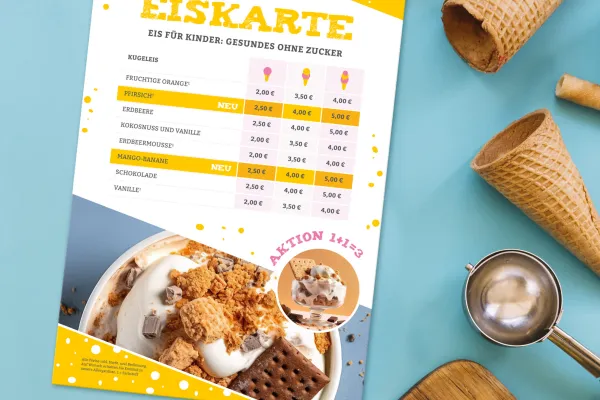 Jäätelökorttipohja muokattavaksi InDesignissa, Photoshopissa ja Wordissä.