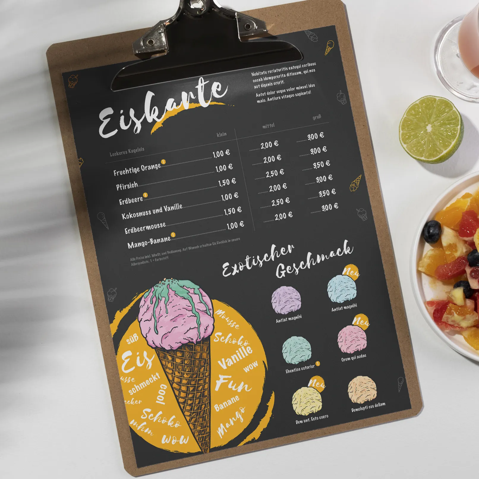 Modello di menu per gelateria da modificare in InDesign, Photoshop e Word