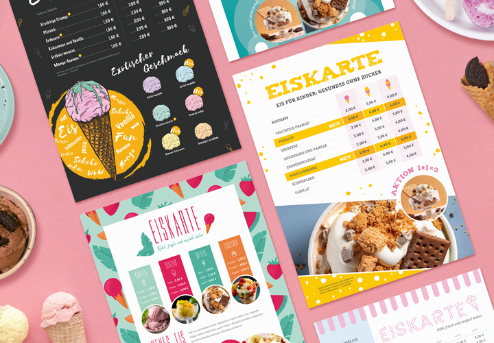 Luoda jäätelökortteja - mallit InDesigniin, Photoshopiin, Affinity Publisheriin, Affinity Photoon ja Wordiin