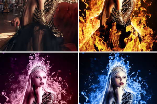 Nainen liekeissä, käsitelty Photoshop-toiminnolla liekehtivä tuli