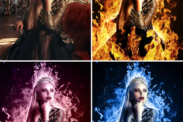 Wanita dalam api, dikerjakan dengan aksi Photoshop Api Berkobar